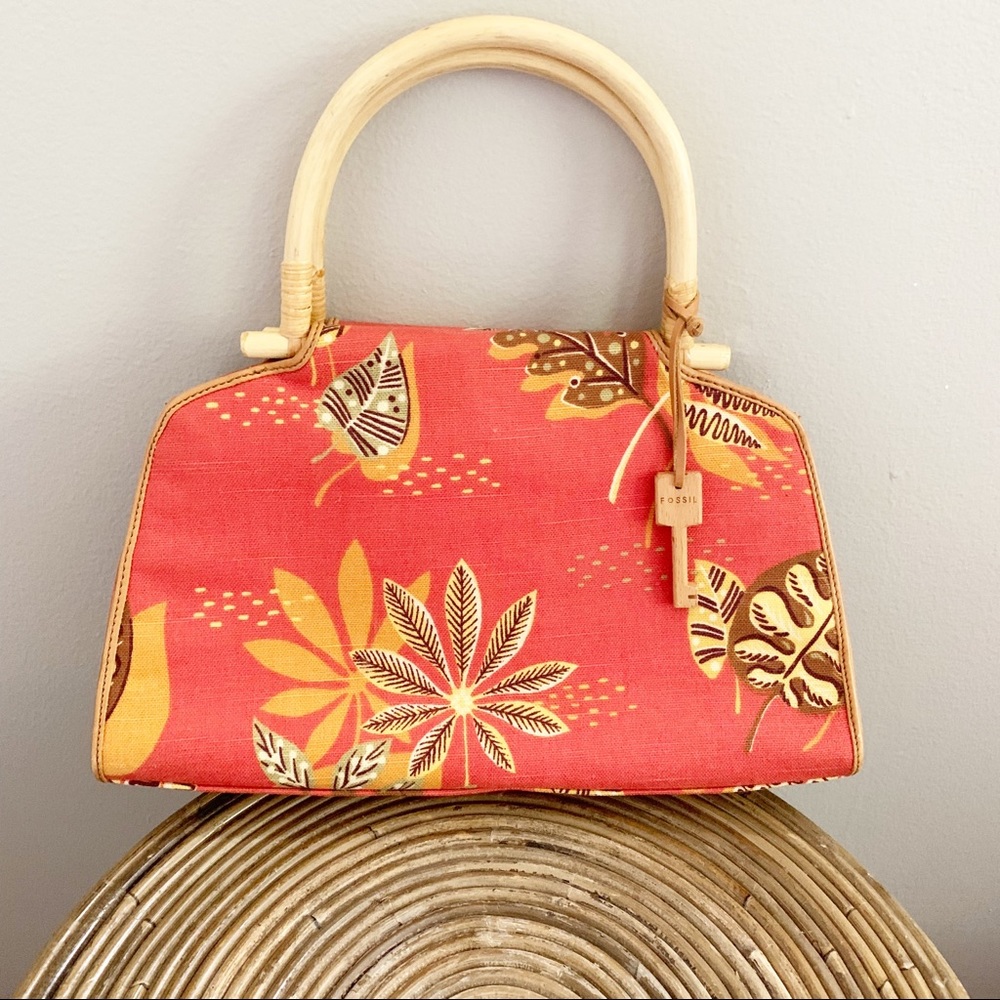Fossil Leaf printed Bag w/ Wooden Handle